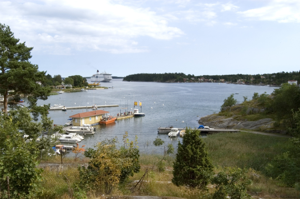 Vy över gräs och vatten. Långt bort kommer en stor båt.