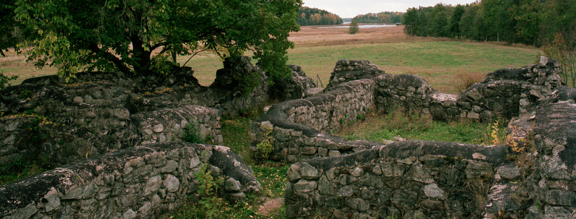 Stenmurar på en gräsåker.