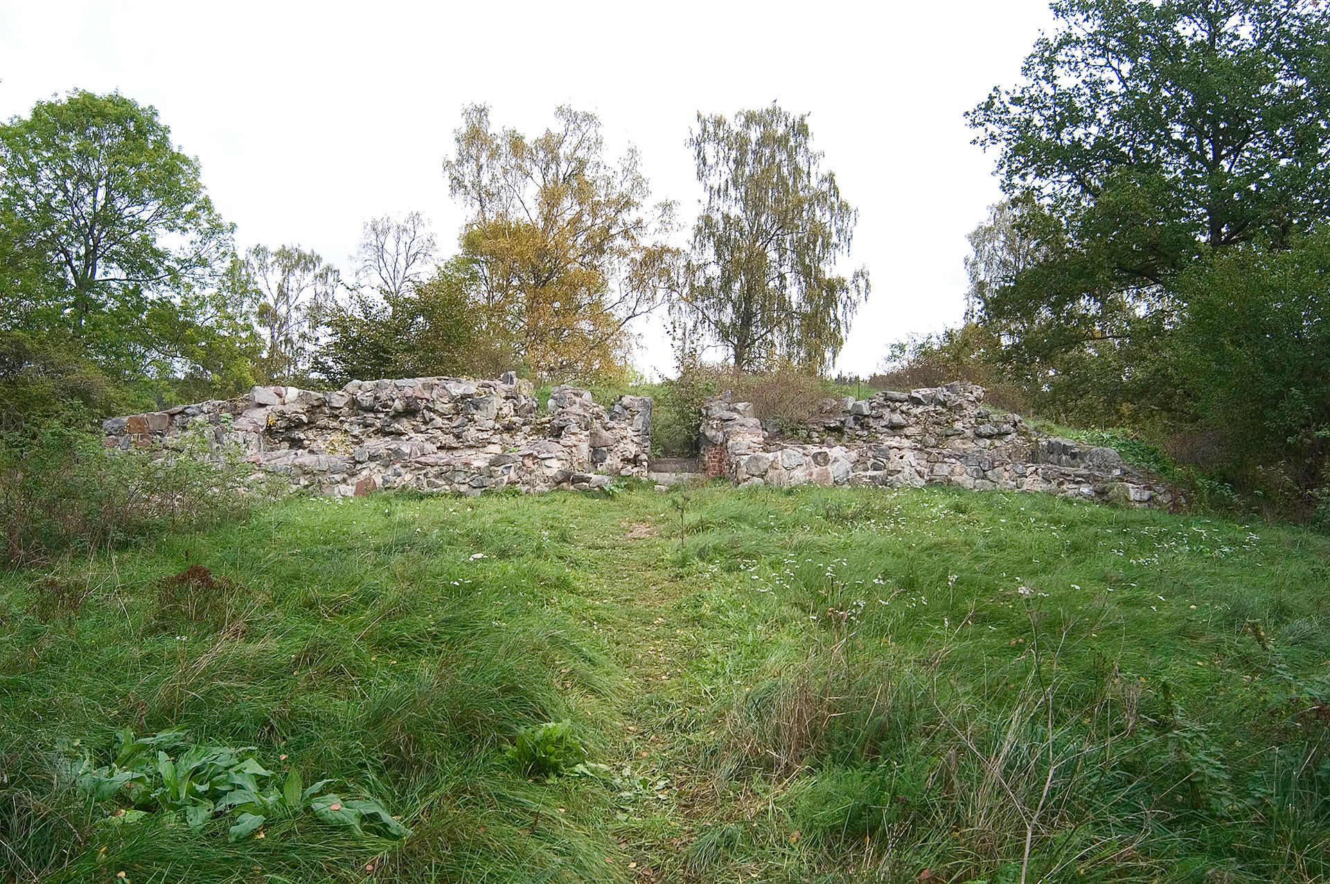 Ett stenrös med högt gräs framför.