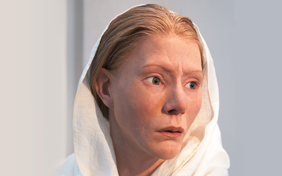 Kvinnoansikte med vit slöja.