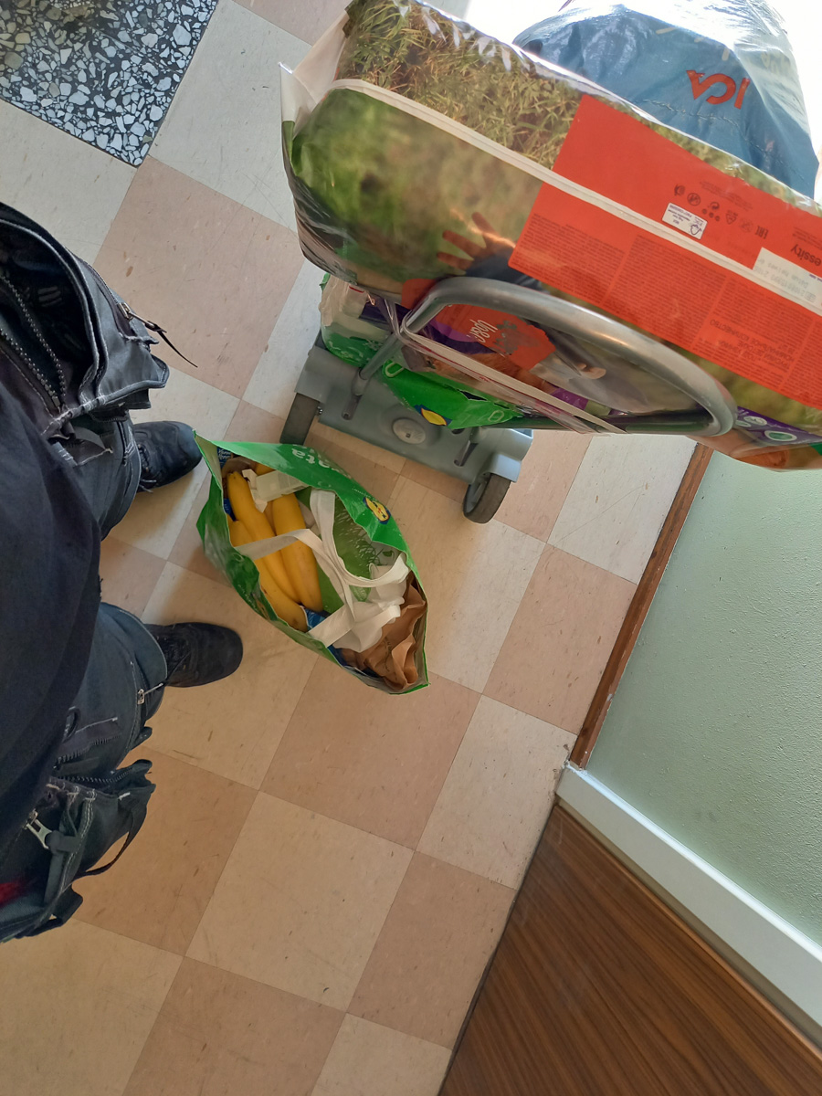 Handlat på Ica efter en lång arbetsdag i juli. Kassen jag packade i, är från annan affär. Återanvändning.