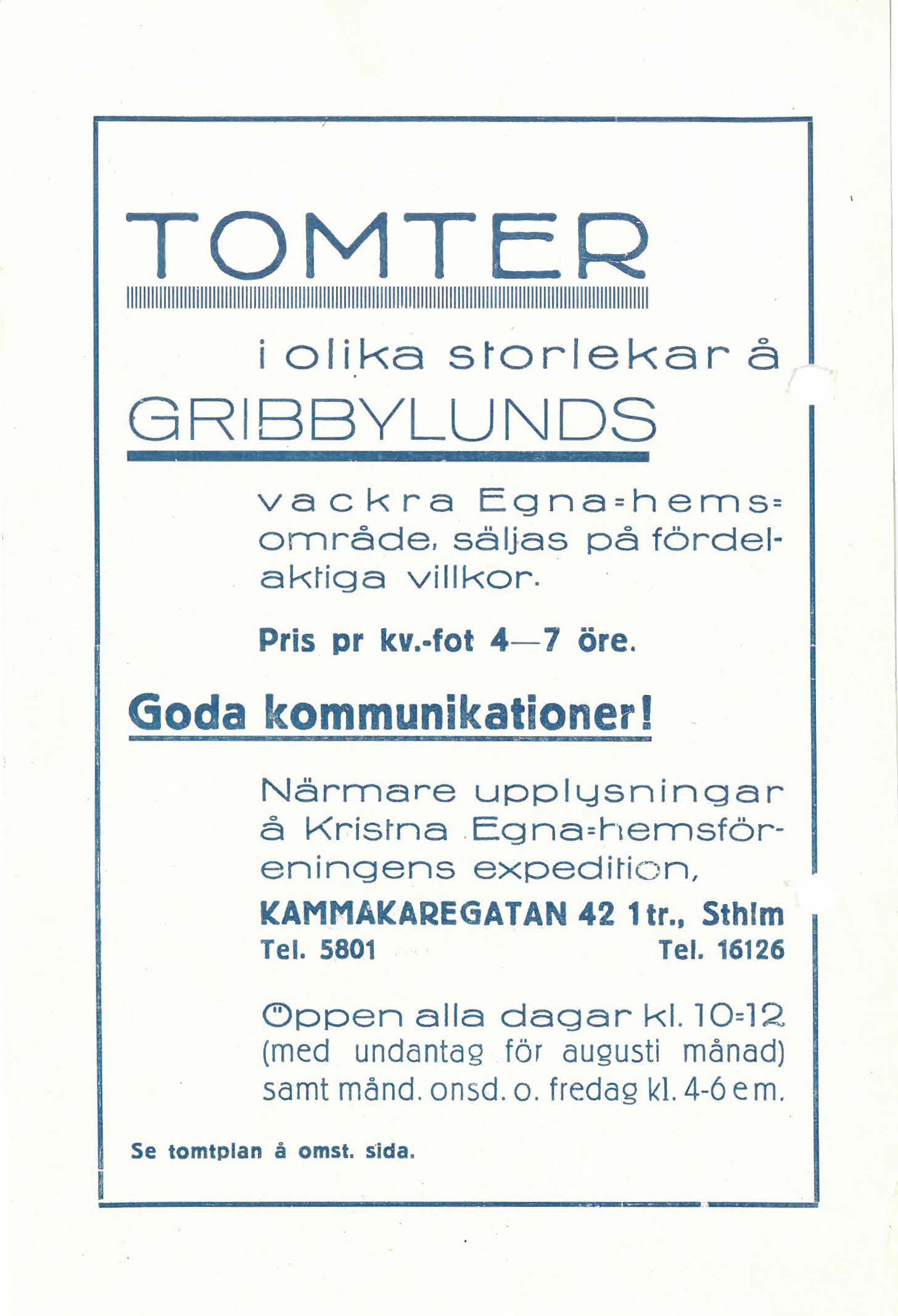 Reklam för att köpa villa tomter i Viggbyholm, 1922.