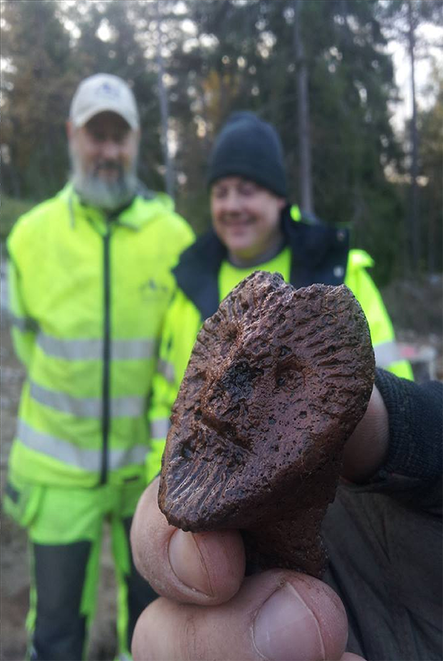 En närbild på en figurin som hittades vid undersökningarna, i bakgrunden syns två personer i oskärpa.