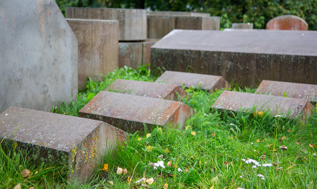 En samling med små gråa hus i högt gräs med blommor.