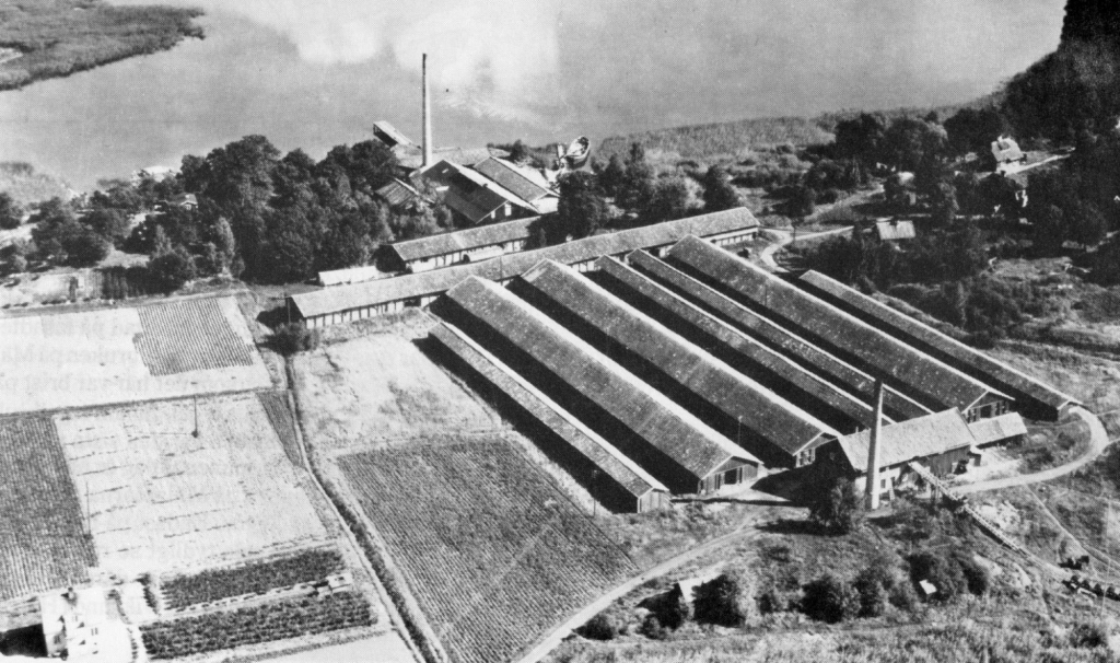 Svartvitt flygfoto som visar ett tiotal tätt stående lador med två höga skorstenar vid en havsvik.