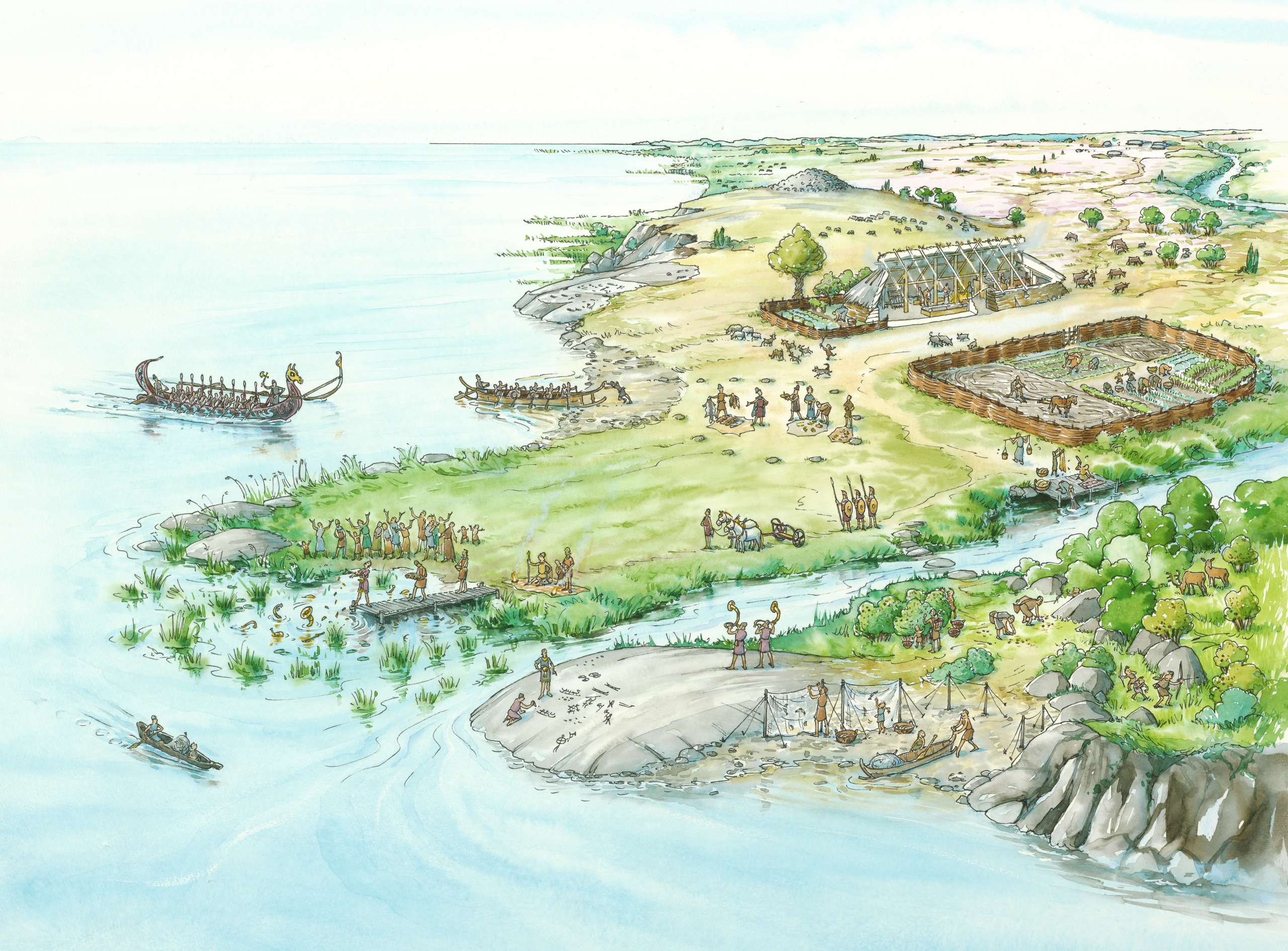 Teckning av en bronsålderby vid vattnet från ovan.