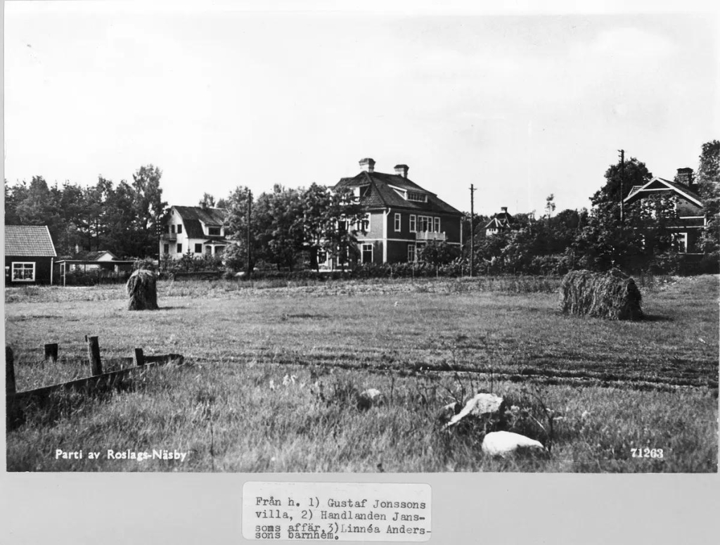 Ett svartvitt vykort av tre villor på andra sidan en äng. Texten lyder: Parti av Roslags-Näsby.