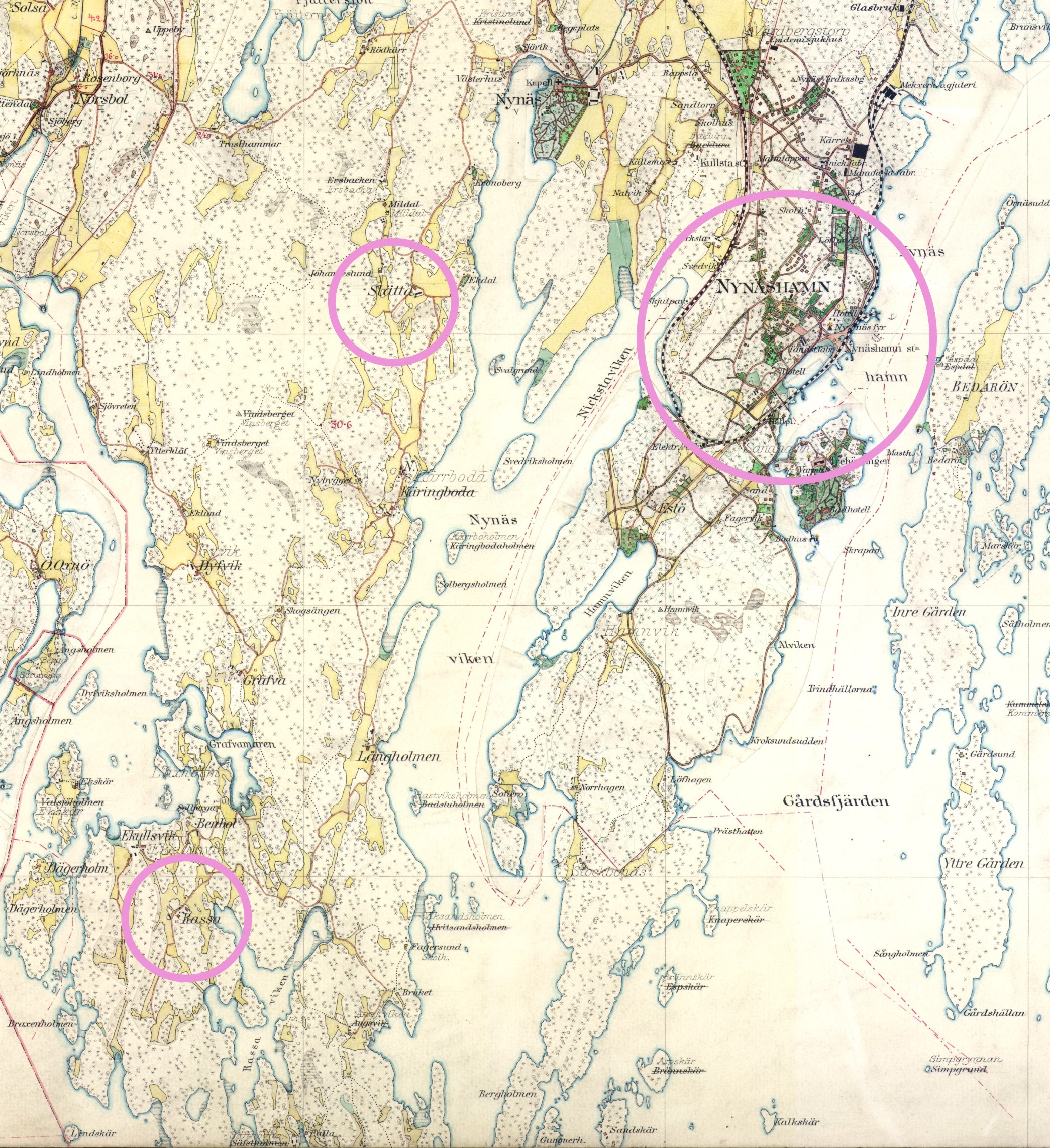 En gulnad karta med Nynäshamn, Rassa och Slätta inringade.
