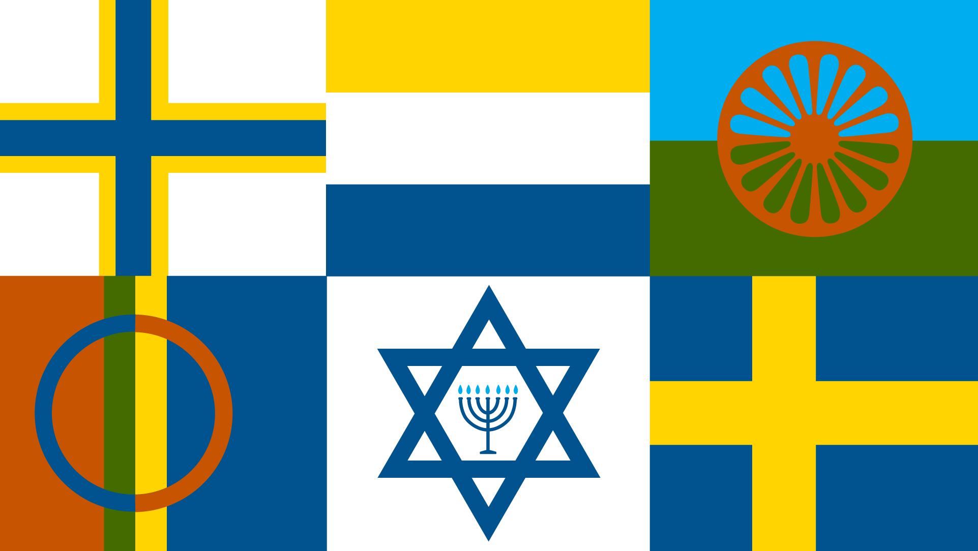 Sex färggranna flaggor i två rader.