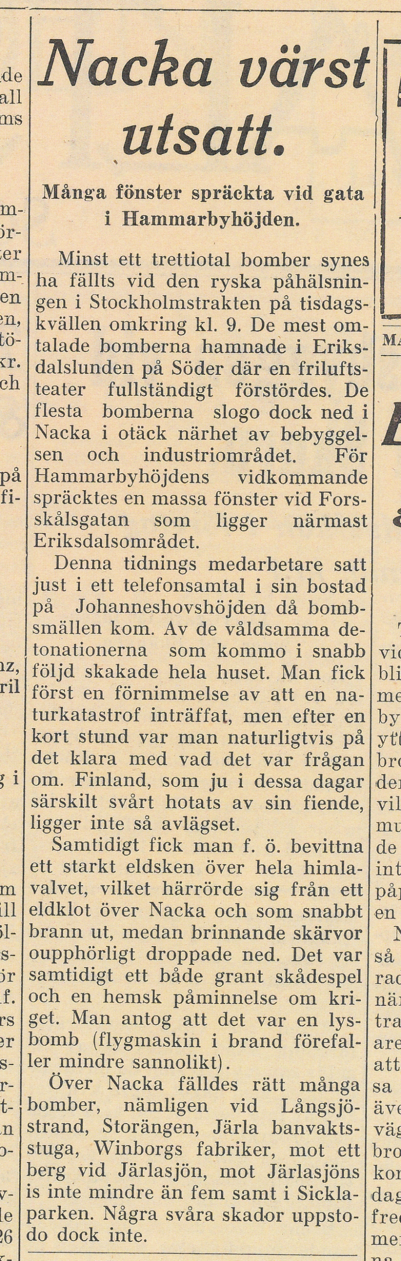 Tidningsartikel i en spalt. ”Nacka värst utsatt” - om bomberna som föll över södra Stockholm och Nacka 23 feb 1944.