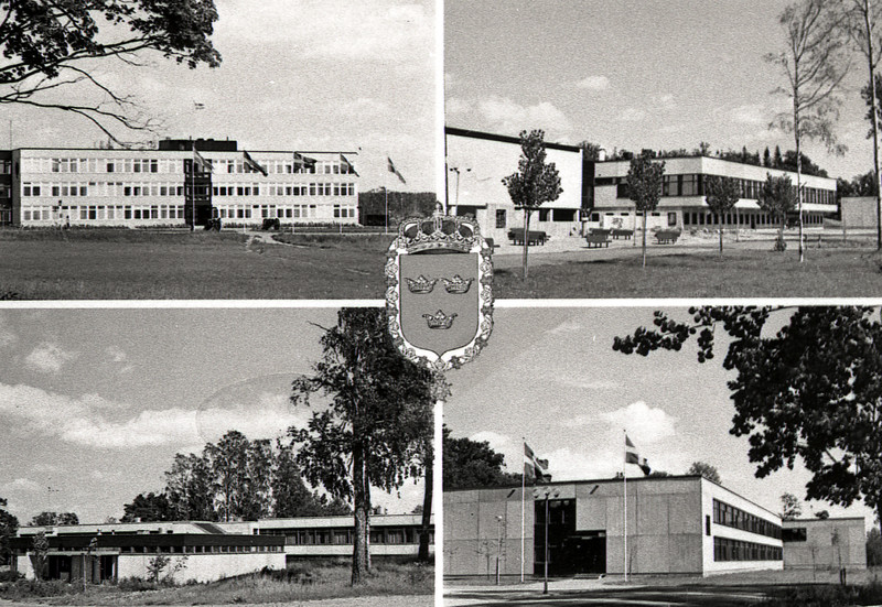 Vykort med tre kronor i mitten och fyra bilder av moderna byggnader.