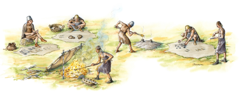 En teckning av människor som arbetar med olika steg i gjutning av brons.