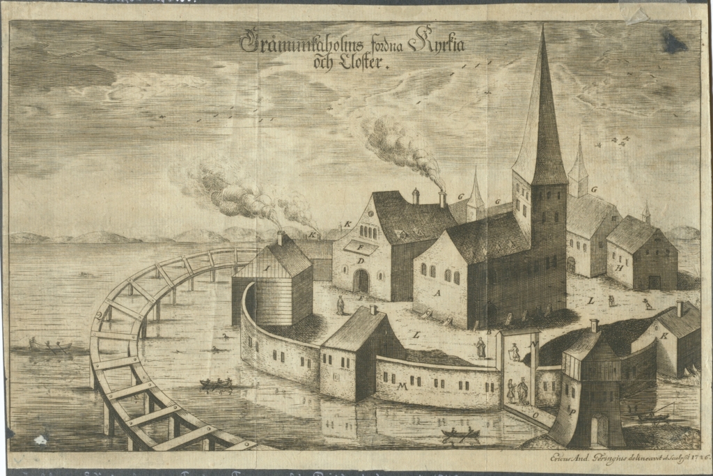 Teckning på gulnat papper. Ett kloster på en udde.
